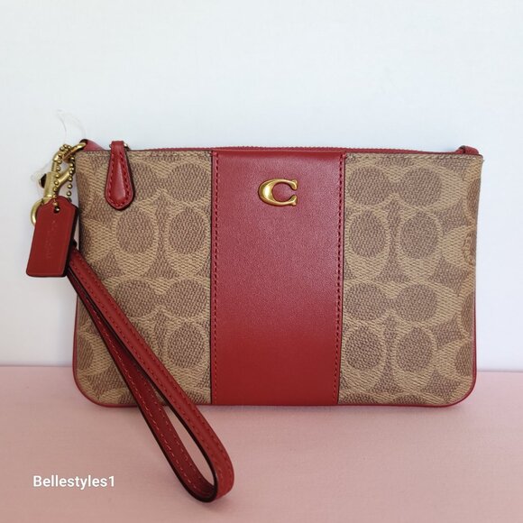 COACH Boxed Small Wristlet in Signature Canvas & Smooth Leather-Tan/Ruby color⭐ - Picture 10 of 16